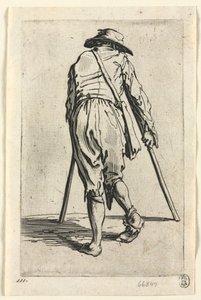 Kerjäläiset: Kerjäläinen kainalosauvoilla, hattu päällään, c. 1623. tekijältä Jacques Callot