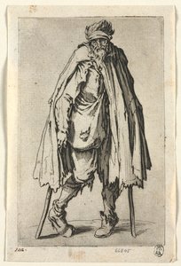 The Beggars: Kerjäläinen kainalosauvoilla ja pussi tekijältä Jacques Callot