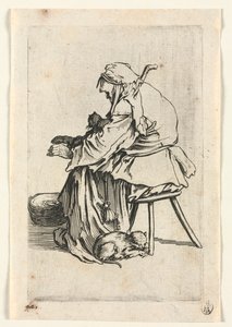 Kerjäläiset: Vanha nainen ja kissat, n. 1623. tekijältä Jacques Callot