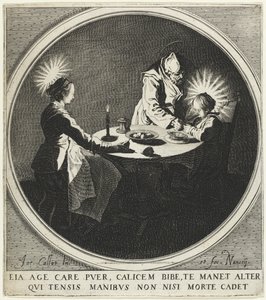 Siunaus Le Bénédicité, joka tunnetaan myös nimellä Pyhä perhe pöydässä, 1628. tekijältä Jacques Callot