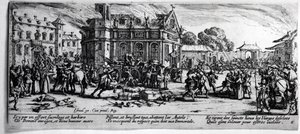 Luostarin tuho, levy 6 teoksesta "The Miseries and Fortunes of War", kaiverrettu Israel Henriet (n.1590-1661) 1633 tekijältä Jacques Callot