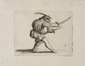Kaksintaistelija kahdella miekalla, Varie Figure Gobbi tekijältä Jacques Callot