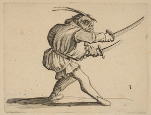 Duelliste aux Deux Sabres Kaksintaistelija kahdella sapelilla, Varie Figure Gobbi, s..., 1616-22. tekijältä Jacques Callot