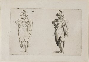 Herrasmies edestä nähtynä, oikea käsi lantiolla, Capricesista tekijältä Jacques Callot