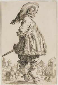 Herrasmies turkisviipaleessa kädet selän takana, sarjasta The Nobility of Lorraine tekijältä Jacques Callot