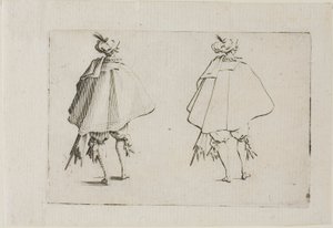 The Capricesin herrasmies, jolla on suuri takki, takaa katsottuna tekijältä Jacques Callot