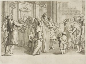 Suurherttuatar Christine of Lorraine saattaa kirkon nuorille, joita hän ottaa suojeluksensa tekijältä Jacques Callot