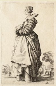 Nainen sivukuvassa kädet muhvissaan tekijältä Jacques Callot