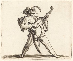 Naamioitunut koomikko soittamassa kitaraa tekijältä Jacques Callot
