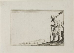 Talonpoika kantamassa lapiotaan olkapäällään, Capricesista tekijältä Jacques Callot