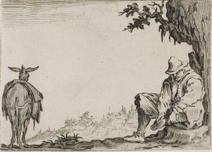 Talonpoika riisumassa kenkiään, Capricesista tekijältä Jacques Callot