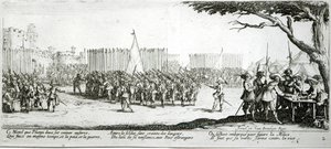The Raising of an Army (Armeijan kokoaminen), levy 2 teoksesta "The Miseries and Misfortunes of War" (Sodan kurjuudet ja onnettomuudet), kaiverrettu Israel Henriet (n.1590-1661) 1633. tekijältä Jacques Callot