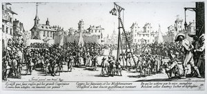 Strappado, levy 10 teoksesta "The Miseries and Fortunes of War", kaiverrus Israel Henriet (n. 1590-1661) 1633