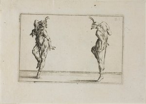Kaksi Pantaloonia katselee toisiaan, teoksesta Caprices (Kapriisit) tekijältä Jacques Callot