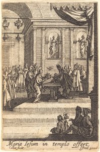 Neitsyt esittelee Jeesuksen temppelissä vuonna 1630 tai sen jälkeen. tekijältä Jacques Callot