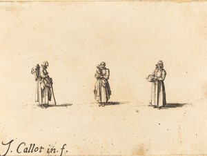 Kolme naista, yksi kädessään lasta, luultavasti 1634. tekijältä Jacques Callot