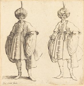 Kaksi turbaaniin pukeutunutta turkkilaista, joilla on höyhen. tekijältä Jacques Callot