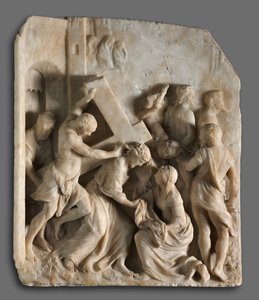 Kristus kantaa ristiä pyhien Simonin ja Veronican kanssa, n. 1545. tekijältä Jacques Dubroeucq