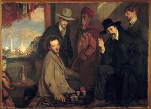 Andre Gide ja hänen ystävänsä vuoden 1900 maailmannäyttelyn kahvilassa Maure (Eugene Rouart; Charles Chanvin; Athman Ben Salah; Henri Gheon) Jacques Emilen (Jacques-Emile) Blanchen maalaus (1861-1942) 1900 su. 1,56 x 2,2 m Rouen, Musee des Beaux Arts tekijältä Jacques Emile Blanche