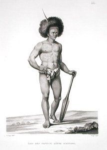 Papuasaaret: Lepran uhri, "Voyage Autour du Monde (1817-20)", Louis Claude Desaulses de Freycinet (1779-1842), kaiverrus Forget, julkaistu 1822-24 (litho)