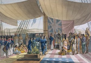 Sandwichsaaret: Kuninkaiden pääministerin ristiäiset Uraniella, Voyage Autour du Monde sur les Corvettes de LUranie 1817-20, Lerougen ja Forgetin kaiverrus, julkaistu 1825 ( tekijältä Jacques Etienne Victor Arago