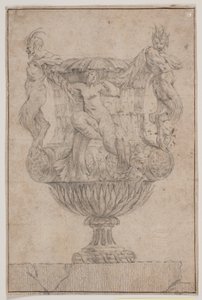 Koristeellinen maljakko, jossa Pan, faun ja nymfi. Kopioi Pl. 14 Salyn vuonna 1746 suunnittelemassa maljakosarjassa. "Vasa a se keksintö..."
