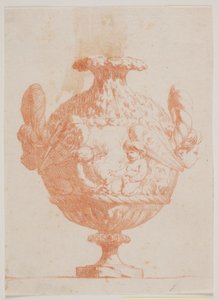 Koristeellinen maljakko, jossa kaksi päätä ja kaksi puttia. Kopioi pl. 19 Salyn vuonna 1746 suunnittelemassa maljakosarjassa. "Vasa a se keksintö..."