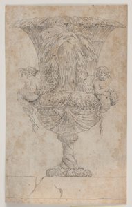 Koristeellinen maljakko kahdella putilla (merenneito?). Muokattu kopio (s. 9) Salyn vuonna 1746 piirtämien maljakoiden sarjassa. "Vasa a se keksintö..." tekijältä Jacques Francois Joseph Saly