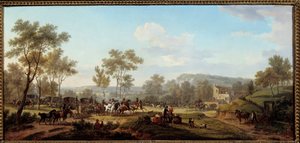 Kilpailu Longchamps Attelagesin ja ratsastajien läheisyydessä Pariisin maaseudulla. Jacques Francois Joseph Swebachin maalaus Dit Fontaine (tai Desfontaines tekijältä Jacques Francois Joseph Swebach