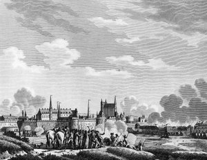 Ranskan vallankumous: Vendeenien hyökkäys Nantesiin 29. kesäkuuta 1793. Berthautin kaiverrus Swebach Parisin mukaan, Vallankumouksen historian instituutin kirjasto tekijältä Jacques Francois Joseph Swebach