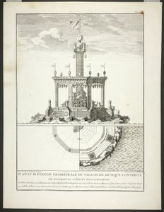 Musiikkihuoneen pohjapiirros ja korkeusnäkymä, levy kolme teoksesta Description des Festes Données par la Ville de Paris.