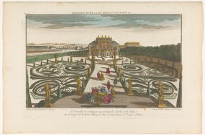 Näkymä Unkarin kuningattaren upseerin puutarhaan ja palatsiin Wienin esikaupunkialueella Le palais du gd ecuyer de la reine d