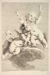 Kaksi Cupidoa, yksi taskulamppu, 1700-luvun puolivälistä loppupuolelle. tekijältä Jacques Gabriel Huquier