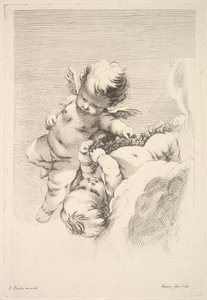 Kaksi Cupidoa, yksi pitelee seppelettä, 1700-luvun puolivälistä loppupuolelle. tekijältä Jacques Gabriel Huquier