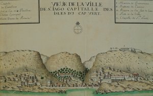 Saint Jagon (Santiago) kaupunki Kap Verdellä, vesiväri Jacques Gouin de Beauchesnen, laivan kapteenin Etelämerellä 1698–1701 pitämästä lokikirjasta.