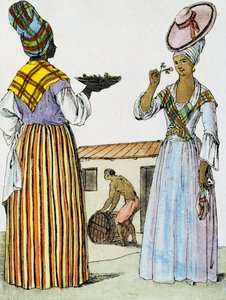 Kukkakaupat Santo Domingossa, värikaiverrus Labroussen piirroksesta (aktiivinen 1796), Encyclopedie des Voyagesista, Jacques Grasset de Saint-Sauveur (1757-1810) tekijältä Jacques Grasset de Saint Sauveur