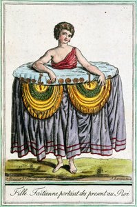 Nuori nainen tarjoaa lahjoja Tahitille, Society Islandsille, Jacques Grasset de Saint-Sauveurin (1757-1810) kaiverrus Encyclopedia of voyages -kirjasta tekijältä Jacques Grasset de Saint Sauveur