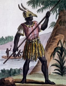 Neekerien ympärileikkaukseen käytetty baari Goree Islandilla Senegalissa, värikaiverrus Labroussen piirroksesta (aktiivinen 1796), Encyclopedia of voyages -julkaisusta, kirjoittanut Jacques Grasset de Saint-Sauveur (1757-1810) tekijältä Jacques Grasset de Saint Sauveur