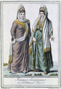 Eurooppalaiset naiset turkkilaisissa asuissa - Grasset Saint Sauveurin teoksessa Encyclopédie des voyages, toim. Pariisi 1796 tekijältä Jacques Grasset de Saint Sauveur