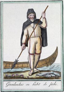 Grönlantilaiset kalastusvarusteissa - Grasset Saint Sauveurin "" Encyclopédie des voyages -kirjassa, toim. Pariisi 1796 tekijältä Jacques Grasset de Saint Sauveur