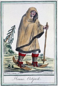 Ostyack mies suksilla - Grasset Saint Sauveurin "" Encyclopédie des voyages -kirjassa, toim. Pariisi 1796 tekijältä Jacques Grasset de Saint Sauveur