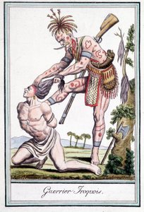 Irokeesisoturi skalpomassa vihollistaan - Grasset St Sauveurin, Pariisin "" Encyclopedia of travels -kirjassa"