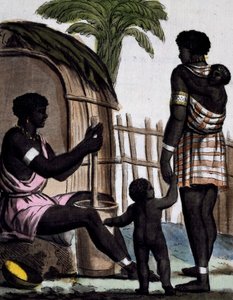 Issinian naiset riisiä työstämässä, värikaiverrus Labroussen piirroksesta (aktiivinen 1796), Encyclopedia of voyages -julkaisusta, kirjoittanut Jacques Grasset de Saint-Sauveur (1757-1810) tekijältä Jacques Grasset de Saint Sauveur