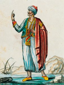 Miesten puku barbaari- ja muslimivaltioista, värikaiverrus Labroussen piirroksesta (aktiivinen 1796), Encyclopedie des Voyagesista, Jacques Grasset de Saint-Sauveur (1757-1810) tekijältä Jacques Grasset de Saint Sauveur