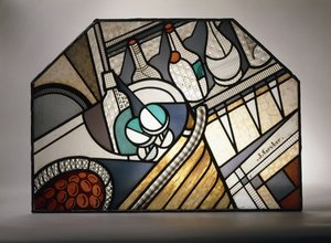 Art Deco -lasimaalauspaneeli, joka kuvaa cocktailbaaria (lyijyä sisältävä lasimaalaus)