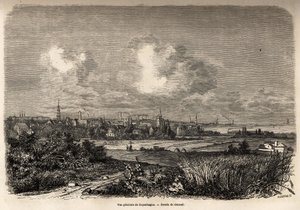 Yleiskuva Kööpenhaminasta, piirustus Jacques Guiaud (1810-1876), havainnollistamaan J.M.Dargaudin matkaa Tanskaan (1800-1860) vuonna 1860. Kaiverrus kirjaan "" Le tour du monde", toimittanut Edouard Charton