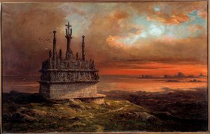 Tronoenin Golgata auringonlaskun maalauksessa Jacques Guiaud (1811-1876) 1800-luvun Brest, Musee des Beaux Arts