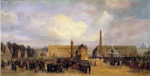 Napoleon I:n (1769-1821) tuhkan paluu Pariisissa 15.12.1840: kortege ylittää Place de la Concorde -maalauksen Jacques Guiaud (1811-1876) 1841 Sun. 1,05x2,17 m.