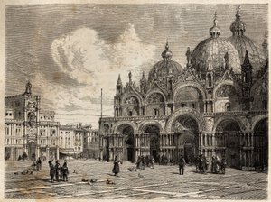 Pyhän Markuksen aukio ja kirkko, Jacques Guiaudin (1810-1876) piirustus havainnollistamaan Adalbert de Beaumontin matkaa Venetsiaan noin 1850. Kaiverrus kirjaan "" Le tour du monde", toimittanut Edouard Charton tekijältä Jacques Guiaud