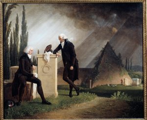 Roman Elegie tai "Kaksoismuotokuva Rooman protestanttisella hautausmaalla" Franc Maconnerien symbolit ovat edustettuina. Jacques Sabletin (1749-1803) maalaus 1791 Brest, Musee des Beaux Arts - roomalainen elegy tai "" Kaksoismuotokuva protestanttisella hau